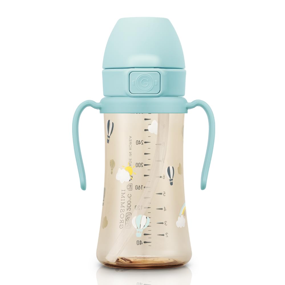 GROSMIMI PPSU Baby Straw Cup Stage 2, 12M+, Spill-Proof, 10oz (Air Balloon)