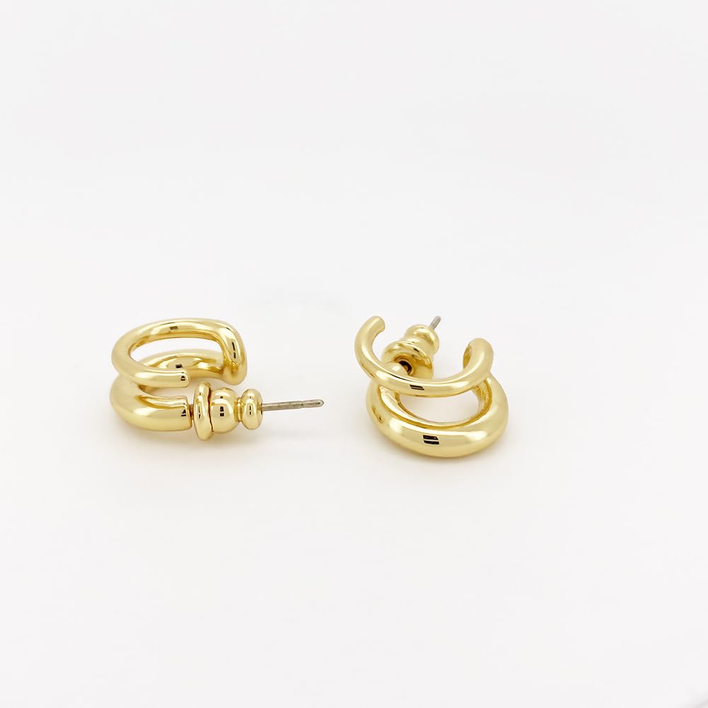 Obidos 14K Gold Plated Illusion Stud Earrings for Women | Triple Huggie Hoop Earrings for One Hole| Trendy Simple Hypoallergenic Fashion Accessories Gold Jewelry Gifts for Womens