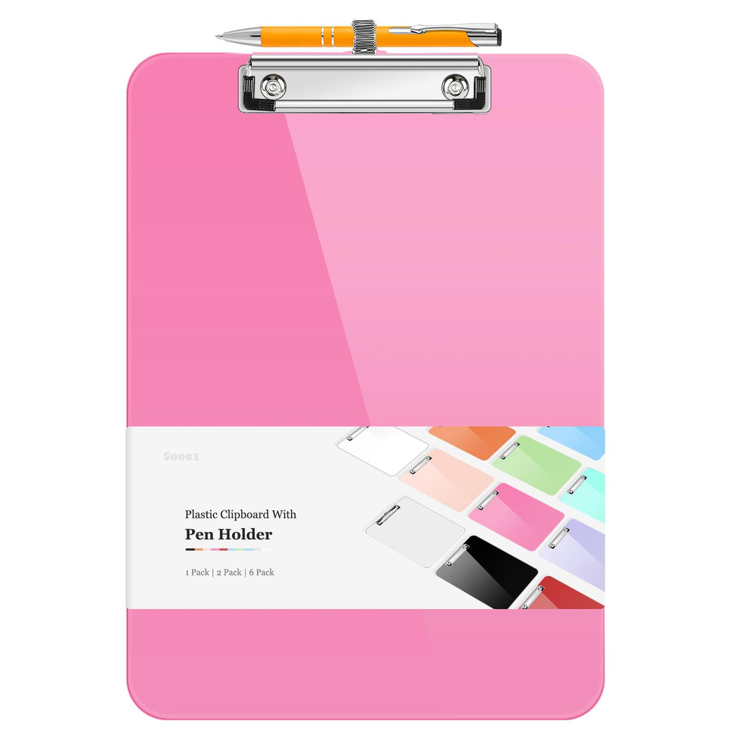 Sooez Plastic Clipboard with Pen Holder, [10% Thicker] Clip Boards 8.5x11 with Low Profile Clip, Cute Hanging Clipboard, Standard Letter Size A4 for Women Teacher, Office & School Supplies, Black