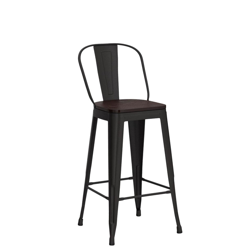 Alunaune 24" Swivel Metal Bar Stools Set of 4 High Back Counter Height Barstools Industrial Dining Bar Chairs with Large Wooden Seat-Matte Black