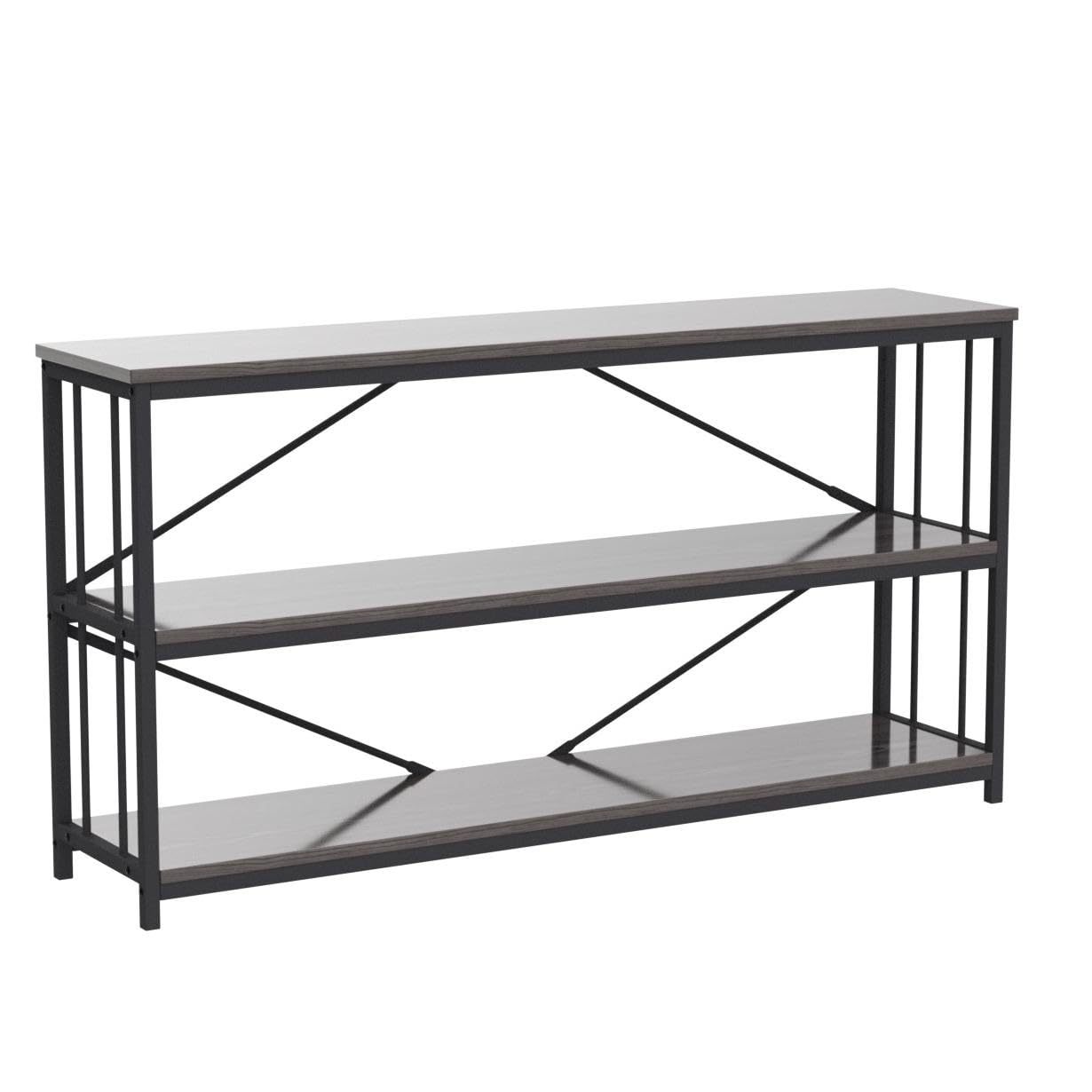LVB Black Console Table, Modern Entryway Table for Hallway Living Room, Industrial Sofa Table Behind Couch, Farmhouse Wooden Metal Entry Table for Foyer with 3-Tier Storage Shelves, Black Oak, 55 Inch