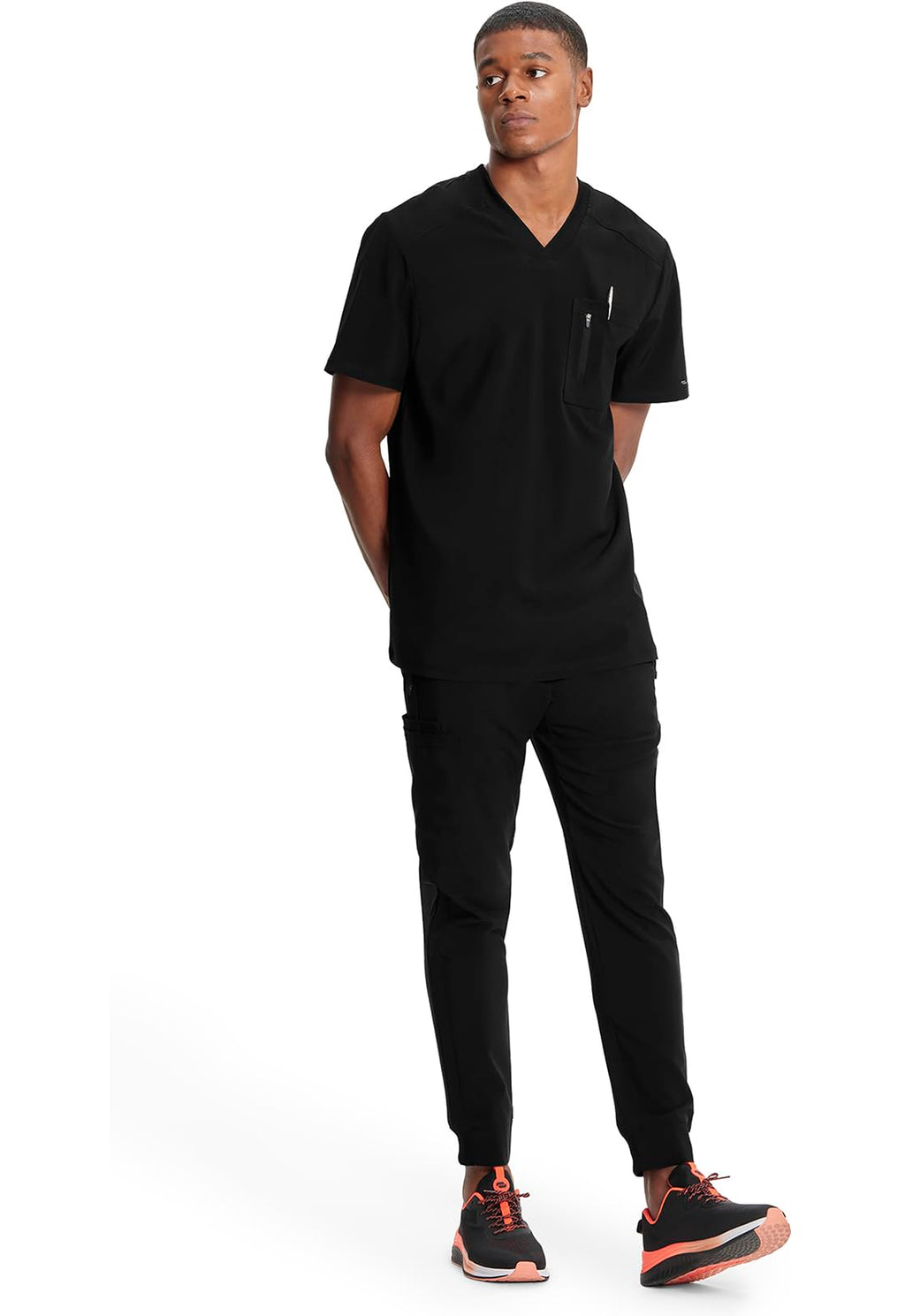 Cherokee Infinity Mens Tuckable V-Neck Scrub Top Modern Fit, 2 Pockets, Zip Chest Pocket, Rib-Knit, 360° Stretch – CK910A