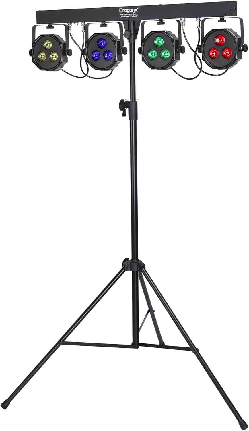 DragonX 4 Gig Bar DJ Lighting System | All-in-One LED Stage Lights with Stand, Foot Pedal & DMX Control | Portable Professional Strobe Lights for DJs, Bands, Weddings, Churches & Live Events