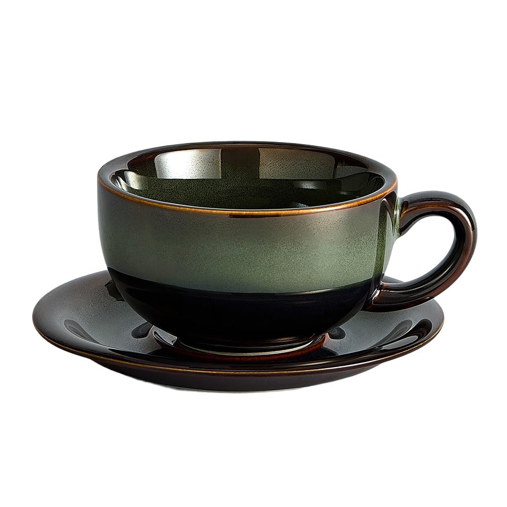 Coffeezone Vintage Design 12 oz Ceramic Latte Art Cappuccino Barista Cup with Saucer (Beige)
