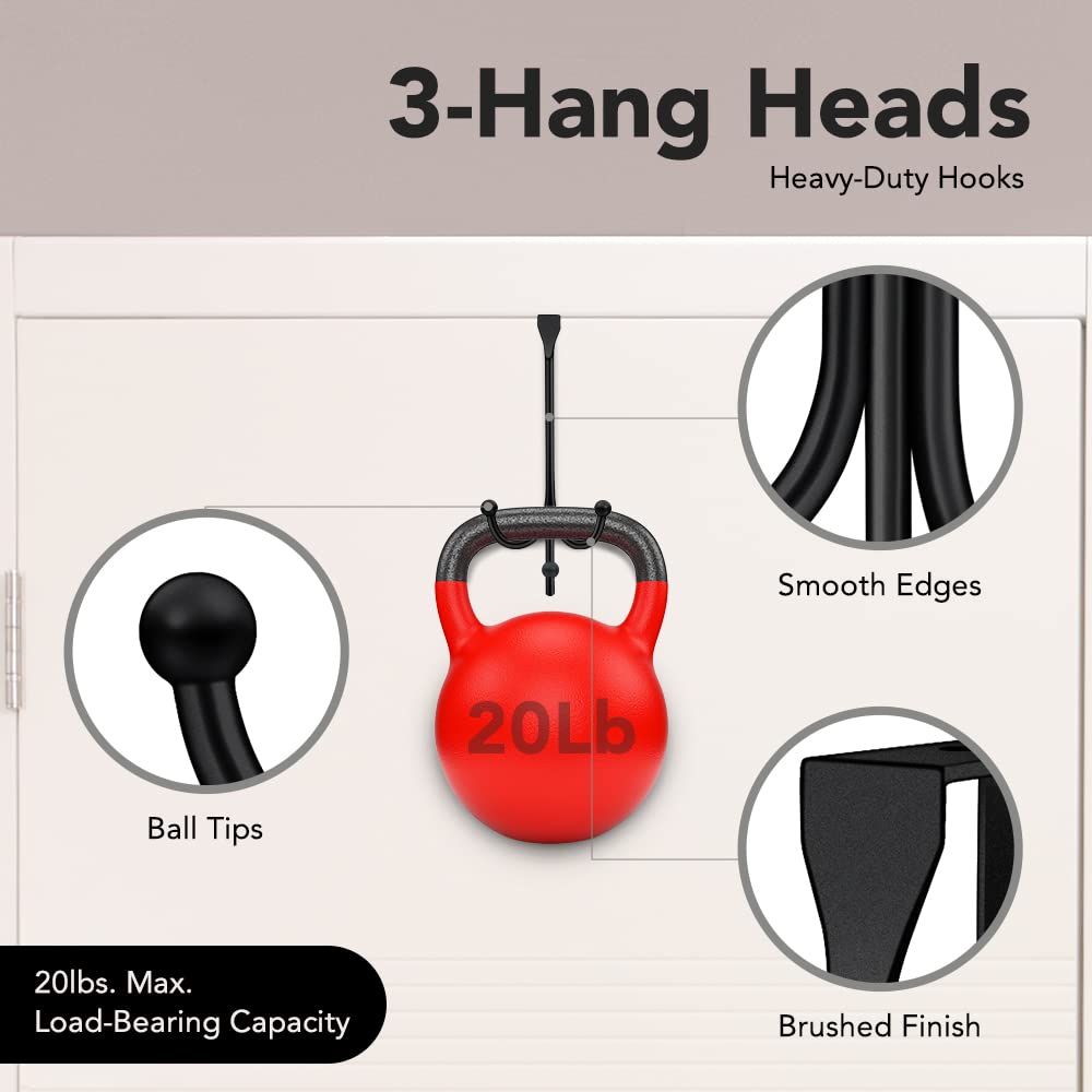 2-Pack Over The Door Hooks - with 2 Hang Heads & Snug Fit Pads Heavy Duty Hook for Hanging Coats, Towels, Caps & Robes - Elegant Matt Finish - No Drill Hanger Organizer - Black