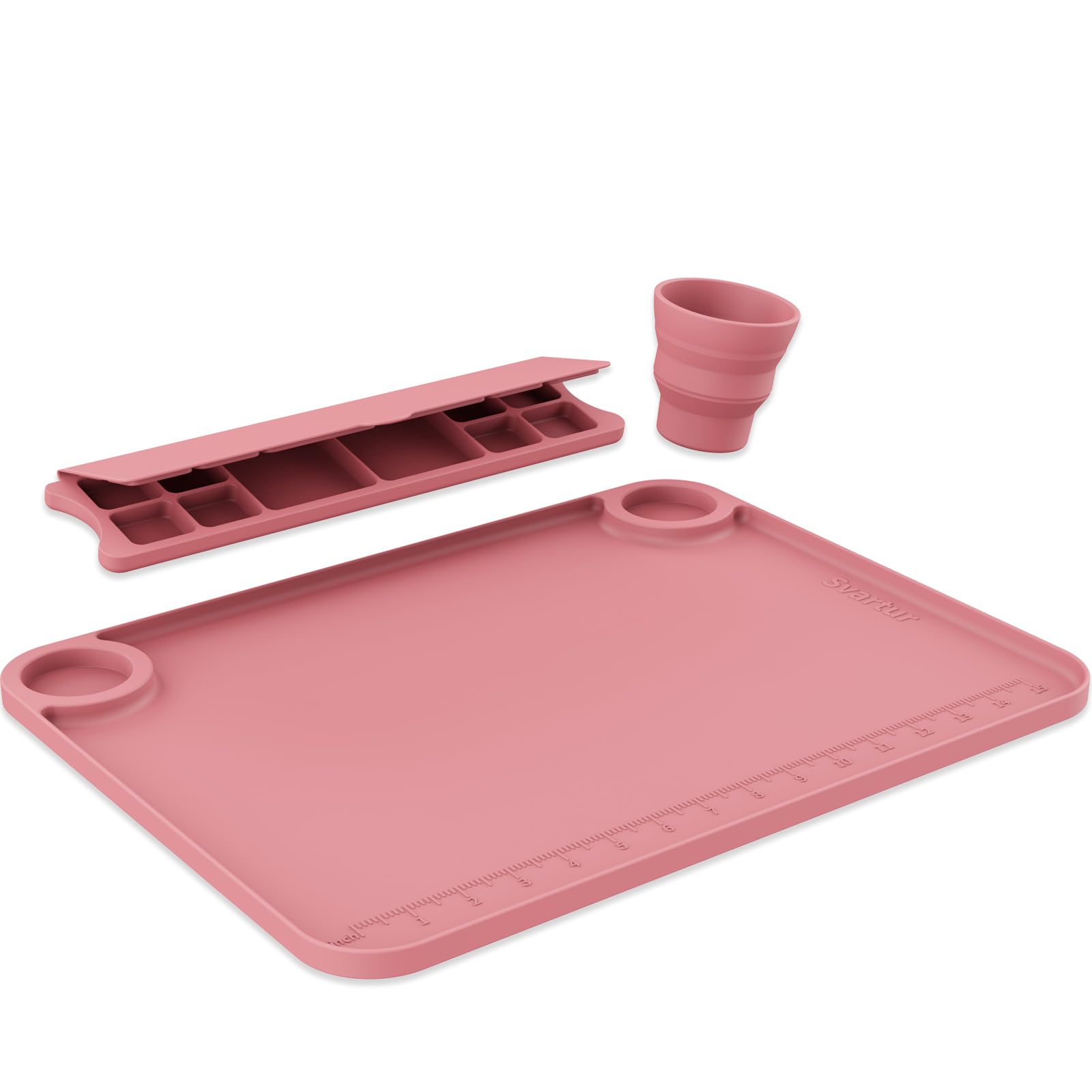 Svartur Silicone Art Mat - 17" X 13" With Cup and Palette, Raised Edge for Craft, Artist Creator Mat for Resin DIY, Coral Pink