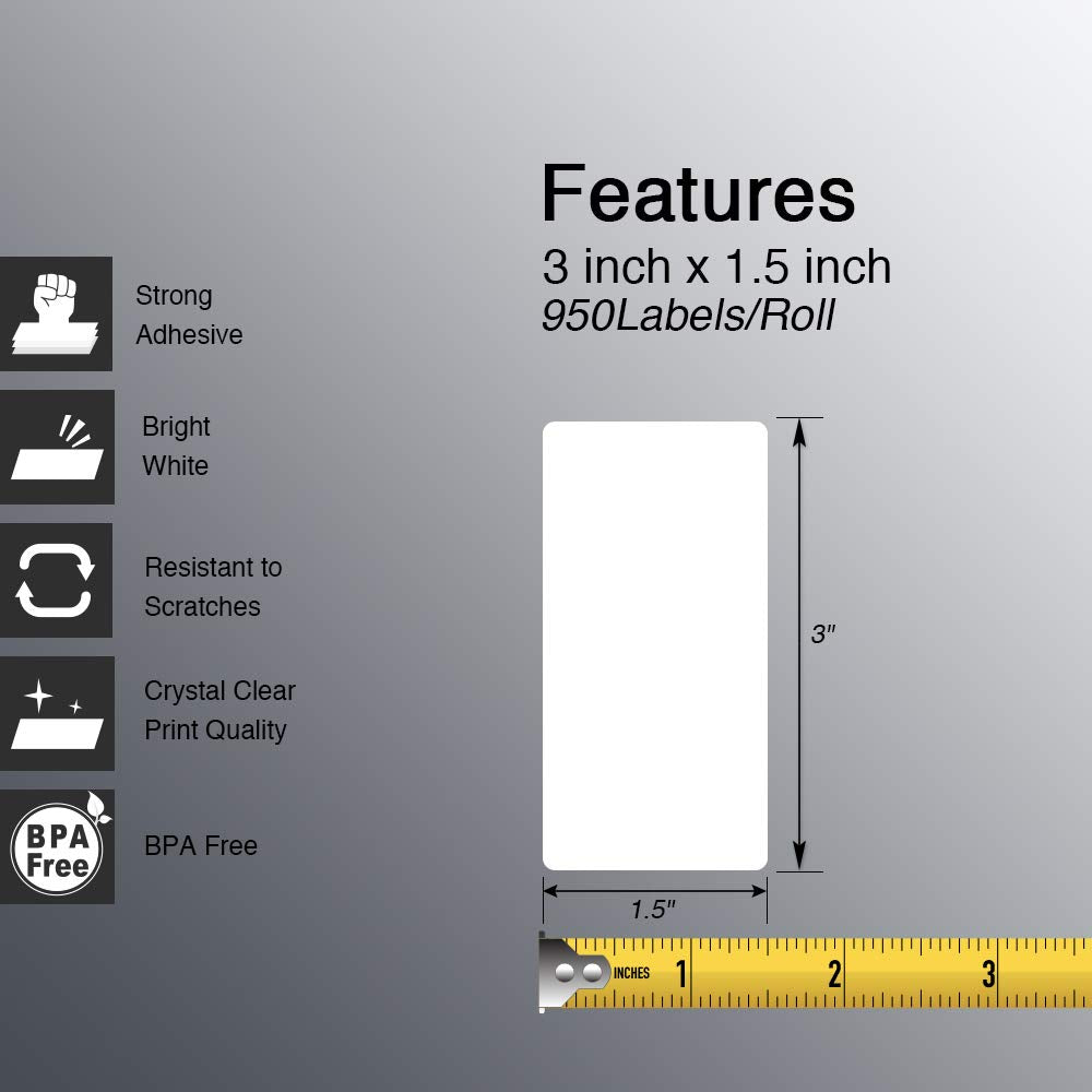 BETCKEY - 3" x 1.5" (76 mm x 38 mm) Barcode Shipping & Address Labels Compatible with Zebra & Rollo Label Printer,Premium Adhesive & Perforated [1 Rolls, 950 Labels]