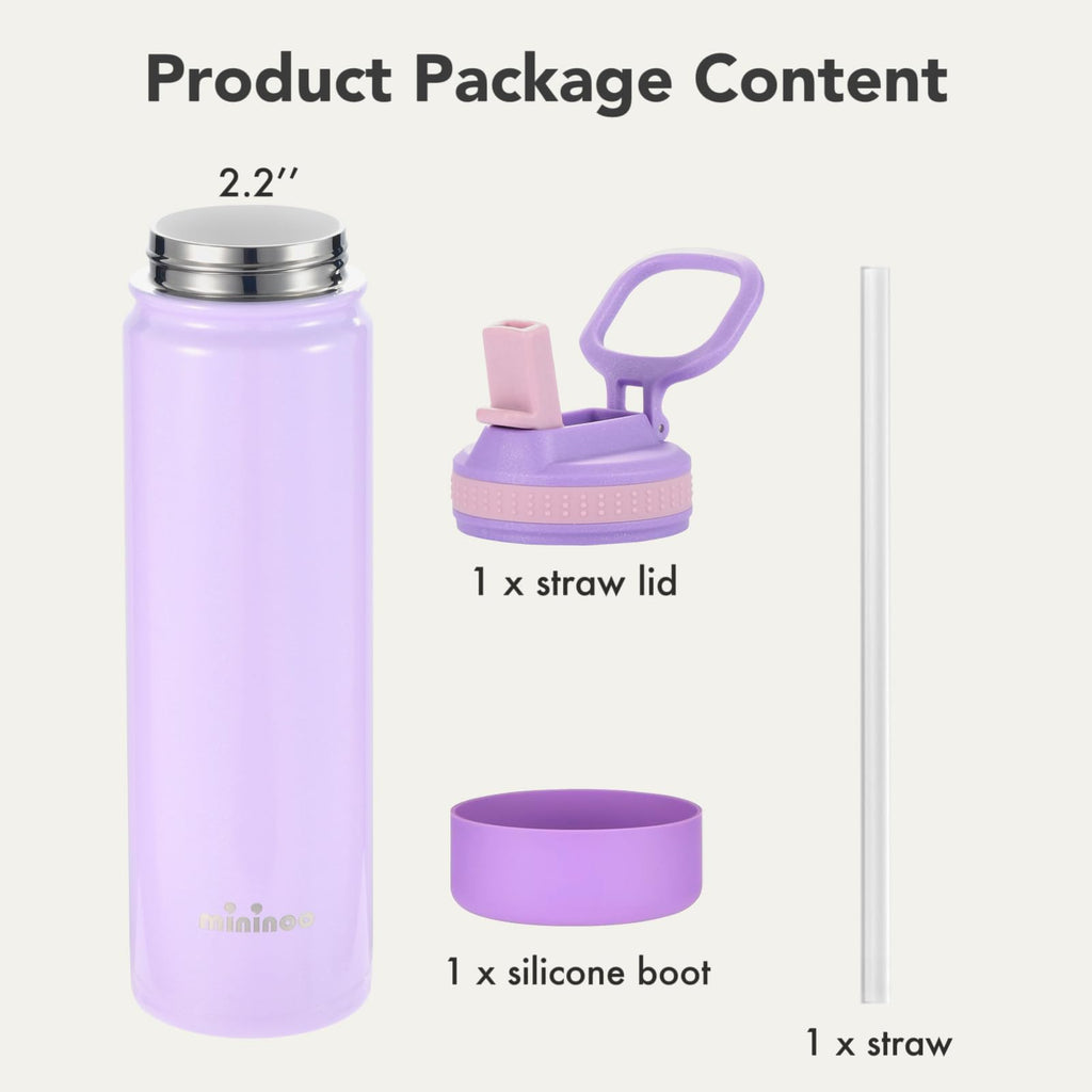 mininoo 24 oz Insulated Water Bottle with Straw Lid, Stainless Steel Double Wall Vacuum, Leak Proof, BPA Free, Keep Cold for 24H & Hot for 12H-2 pack(Black)