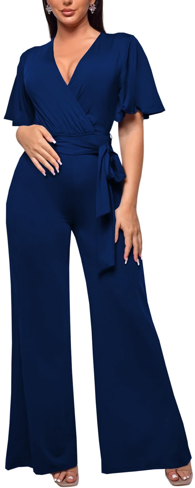 PaladMom Womens Elegant Plus Size Jumpsuits Sexy Back zipper Short Sleeve Mid Waist Wide Leg Straight Rompers
