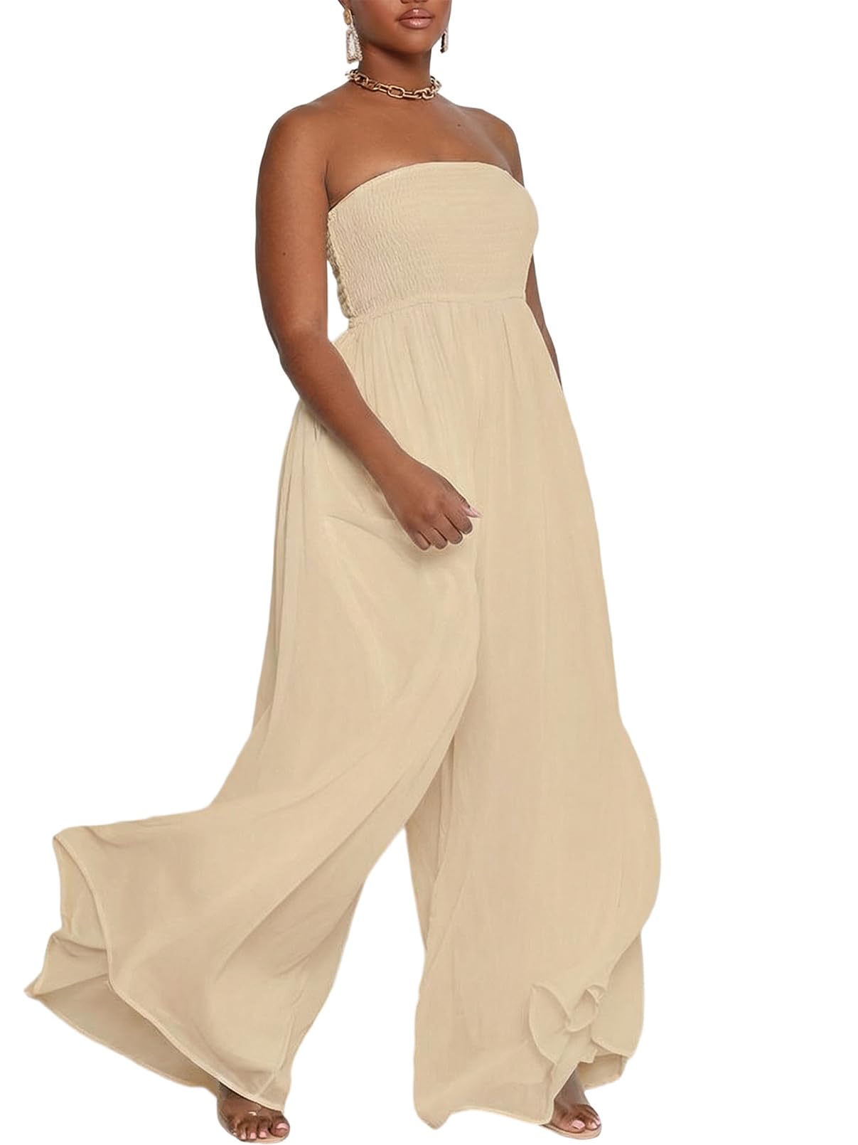 Ophestin Women's Strapless Tube Wide Leg Jumpsuits Smocked Women Jumpsuits Dressy Casual Flowy One Piece Jumpsuits Rompers