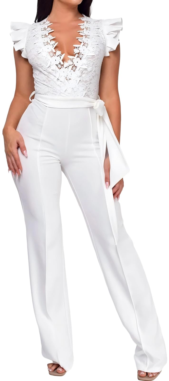 PaladMom Womens Elegant Plus Size Jumpsuits Sexy Back zipper Short Sleeve Mid Waist Wide Leg Straight Rompers