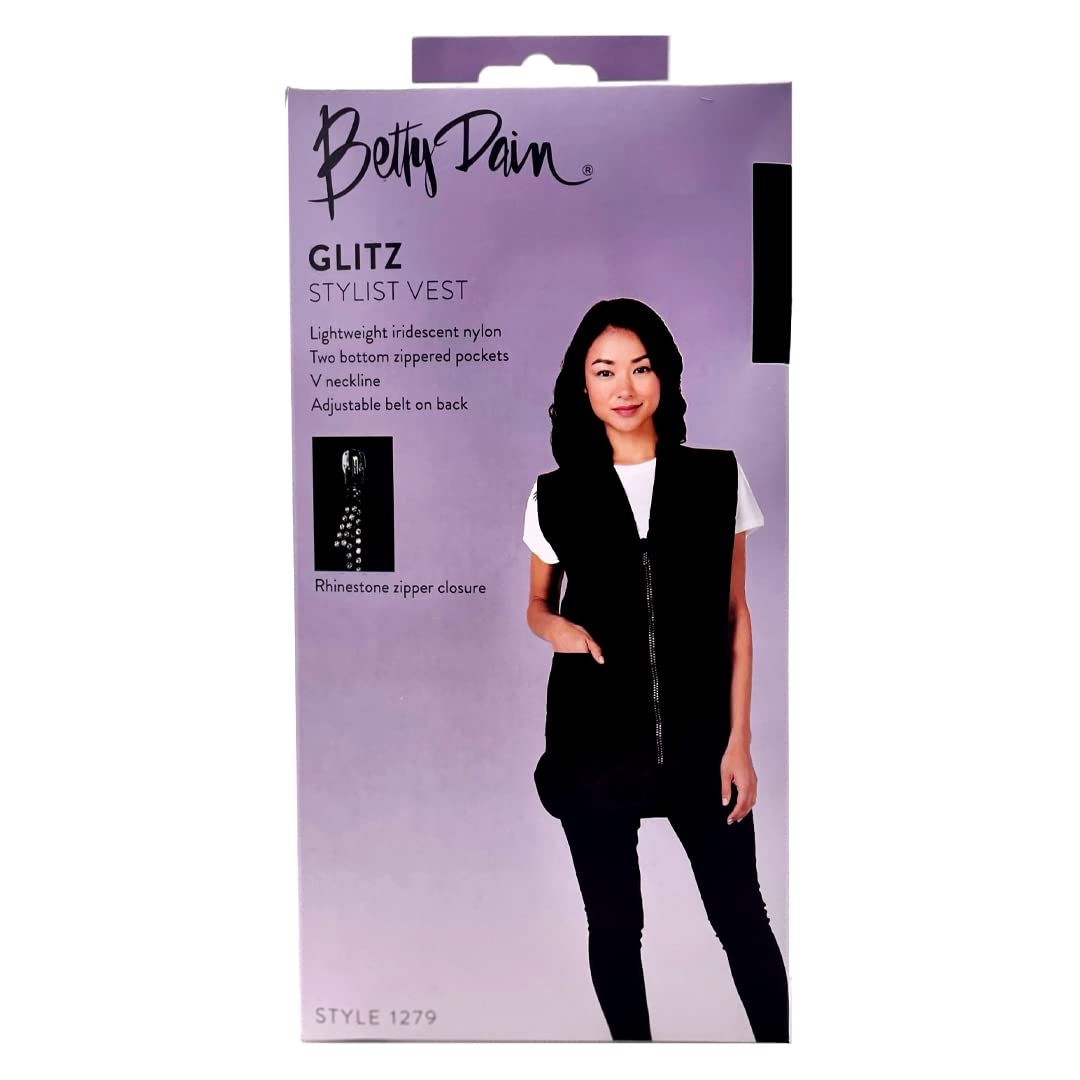 Betty Dain Glitz Rhinestone Zipper Salon Stylist Vest, Rhinestone Closure and Iridescent Fabric, V-Neckline, Adjustable Belt, Pockets with Zippered Bottoms, Water Resistant Lightweight, Black, XS