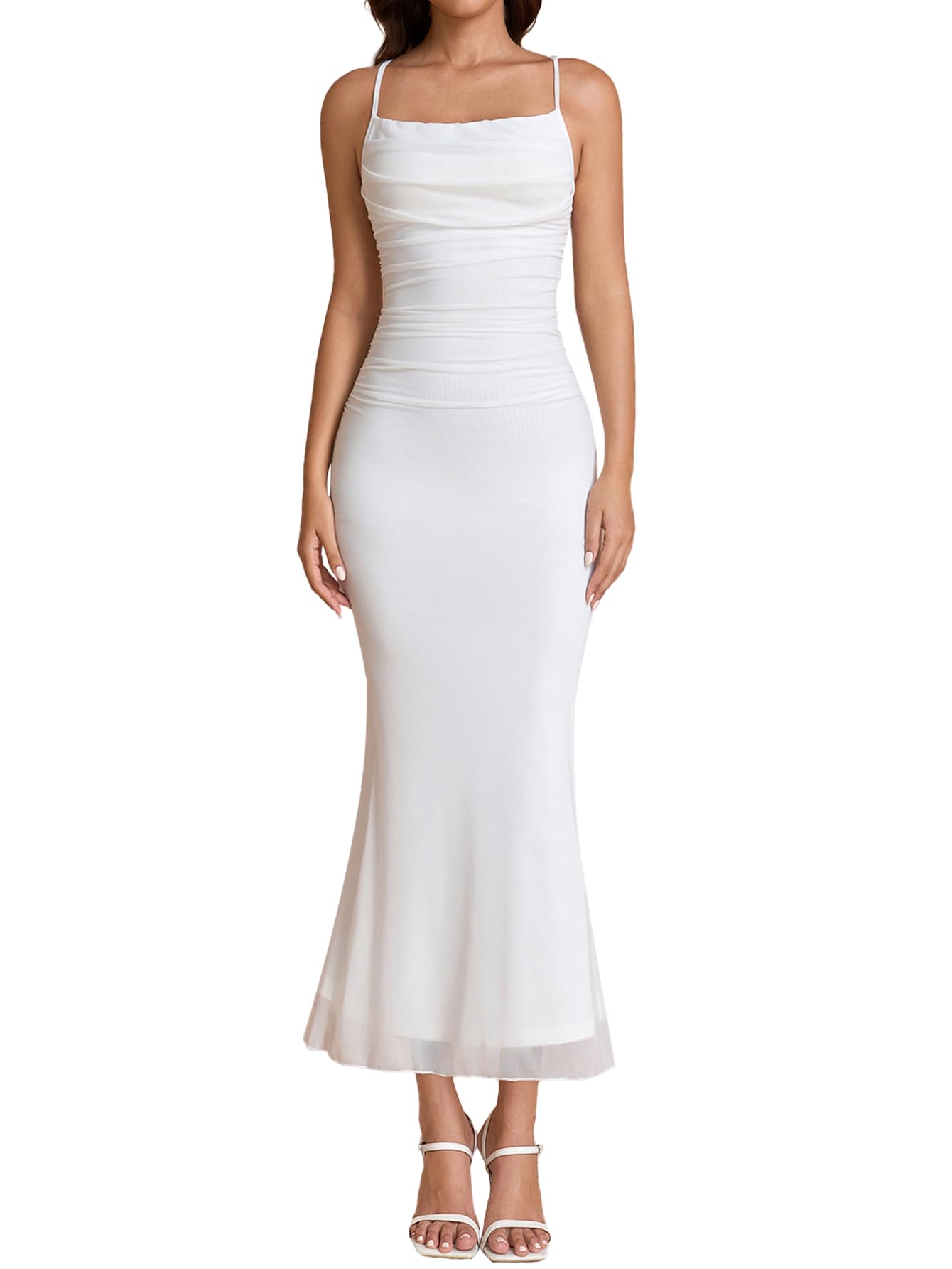 URYIAO Women's Summer 2026 Floral Spaghetti Strap Maxi Dress Sleeveless Ruched Mesh Bodycon Long Wedding Guest Dresses