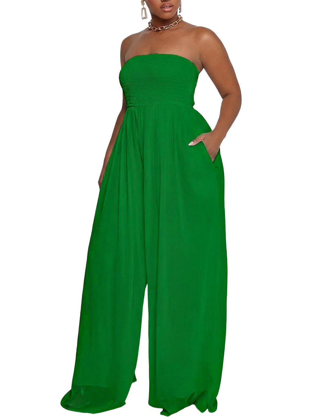 Ophestin Women's Strapless Tube Wide Leg Jumpsuits Smocked Women Jumpsuits Dressy Casual Flowy One Piece Jumpsuits Rompers
