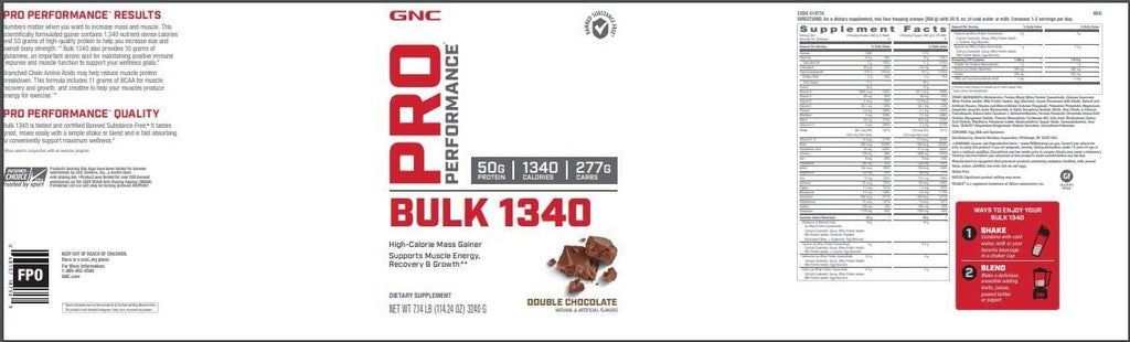 GNC Pro Performance Bulk 1340 Mass Gainer Protein Powder, 50g, Gluten Free, Whey, Creatine, BCAA, 3rd Party Tested, Muscle Recovery & Growth, Micronutrients, Double Chocolate, 9 Servings