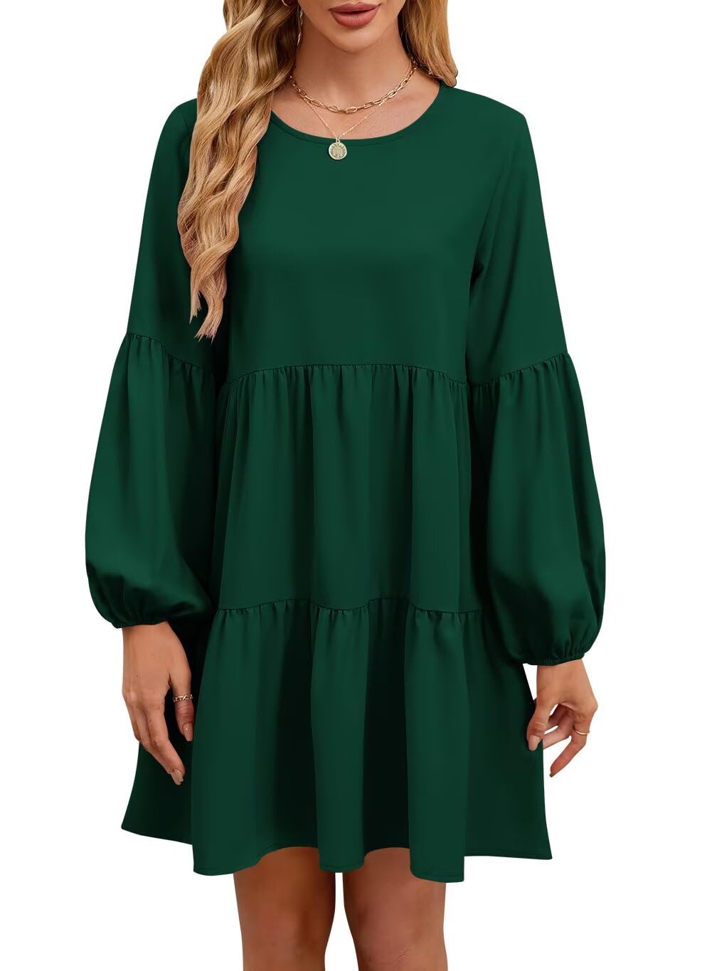 QACOHU Falll Dresses for Women 2026 Crew Neck Long Lantern Sleeve Casual Loose Flowy Swing Shift Dress