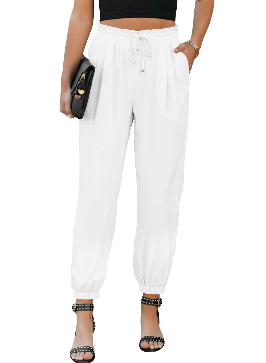EVALESS Womens 2026 Summer Casual Pants Drawstring Elastic High Waisted Work Trousers Joggers Trendy Harem Pants with Pockets