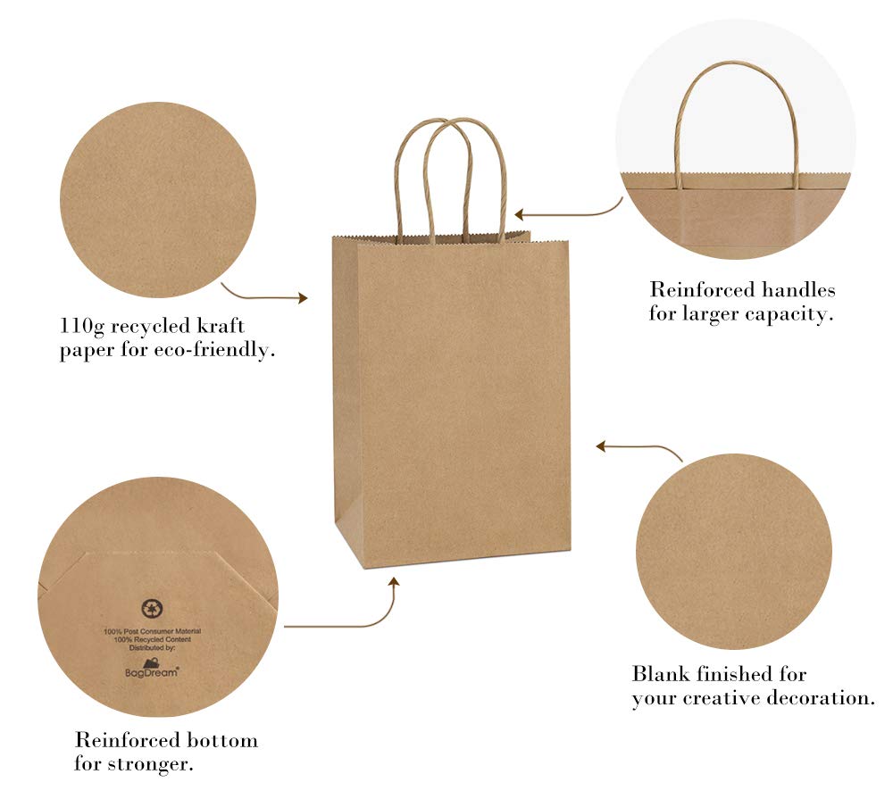 BagDream Gift Bags 100Pcs 5.25x3x8 Small Kraft Paper Gift Bags with Handles Bulk, Black Paper Sacks for Small Business, Retail, Merchandise, Grocery, Wedding Birthday Party favor