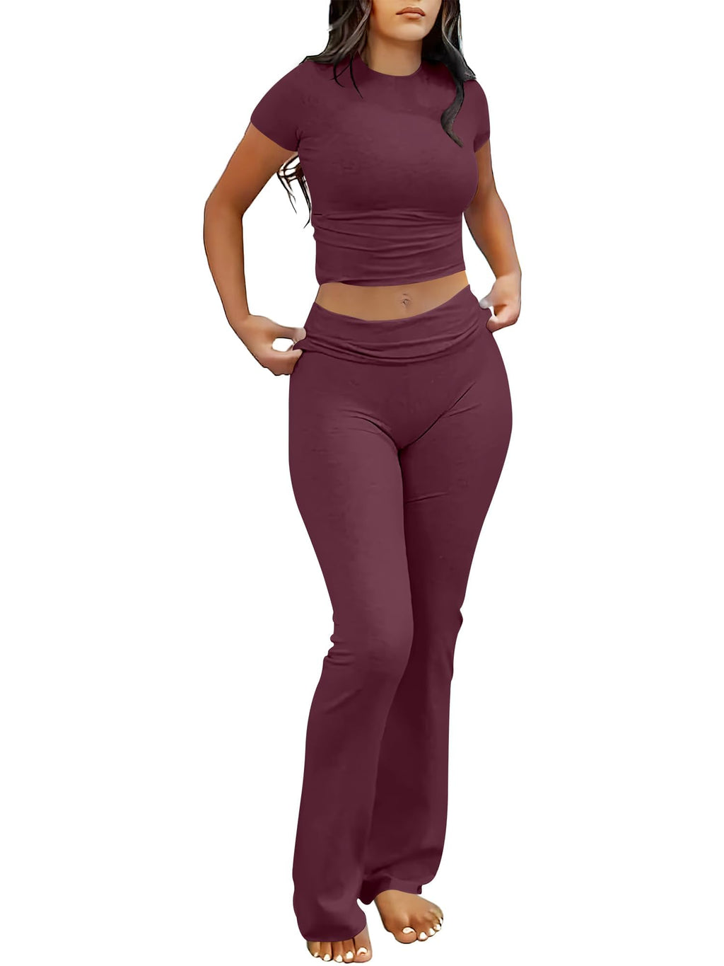 ANRABESS 2 Piece Lounge sets for Women | Soft Comfy Stretchy, Crop Top & Foldover Flare Leggings, Yoga Workout Matching Outfits, Trendy Y2k, Summer Wear Fall Layer