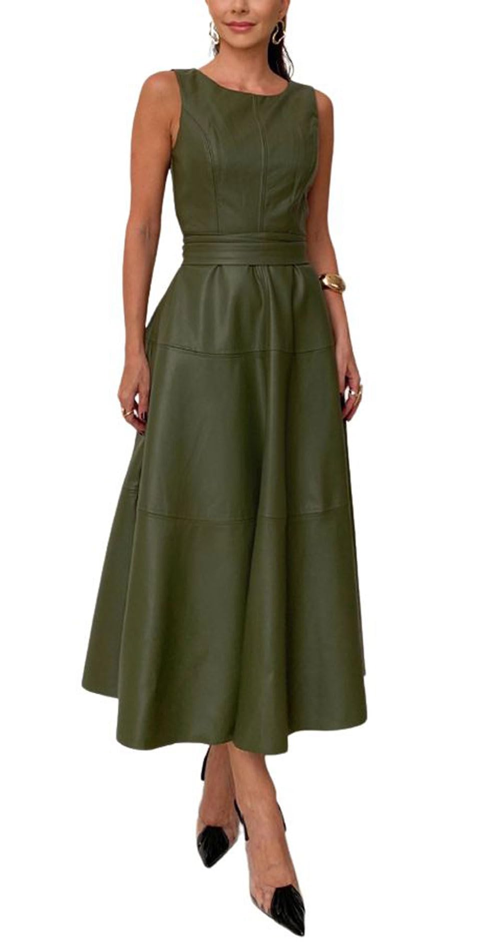 CHARTOU Women PU Faux Leather Sleeveless Elegant Flowy Long Dress Party Night Out Dress with Belt