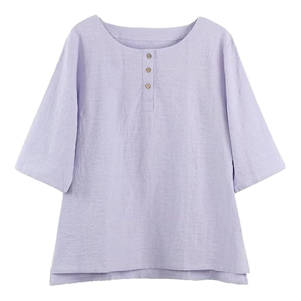 Minibee Women's 3/4 Sleeve Cotton Linen Jacquard Blouses Top T-Shirt