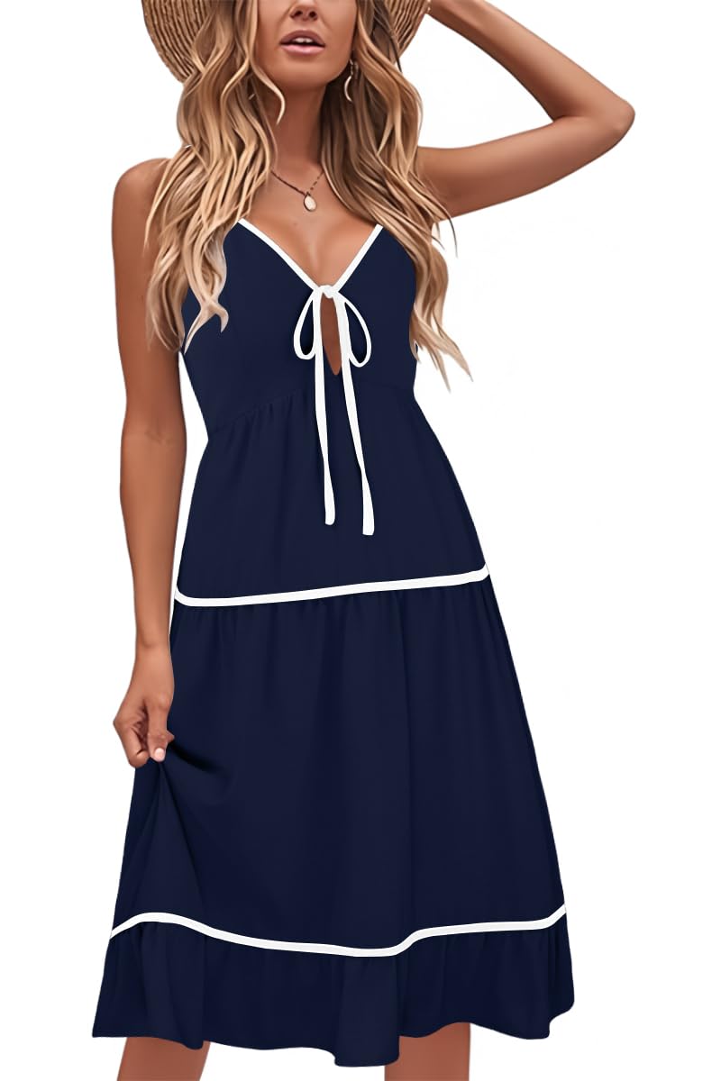 ECOWISH Women 2026 Summer Dresses Tie Front V-Neck Spaghetti Strap Button Down A-Line Backless Swing Midi Dress