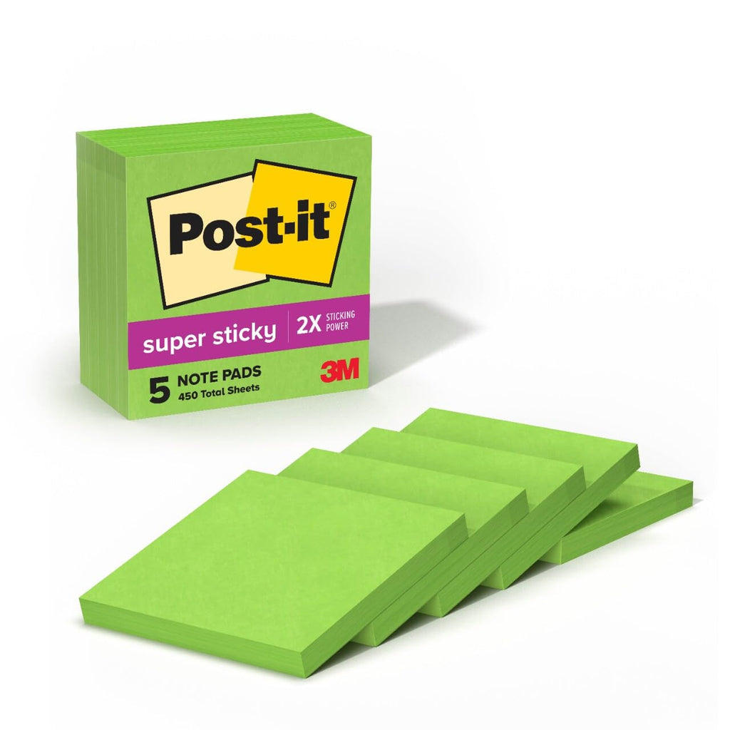Post-it Super Sticky Notes, 5 Sticky Note Pads, 3 x 3 in., School Supplies, Office Products, Sticky Notes for Vertical Surfaces, Monitors, Walls and Windows, Limeade Green