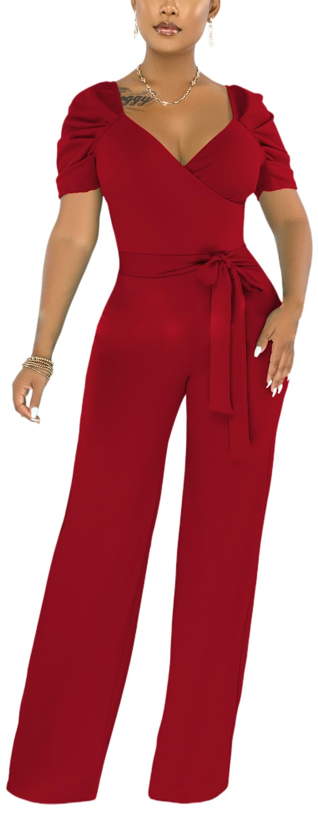 PaladMom Womens Elegant Plus Size Jumpsuits Sexy Back zipper Short Sleeve Mid Waist Wide Leg Straight Rompers