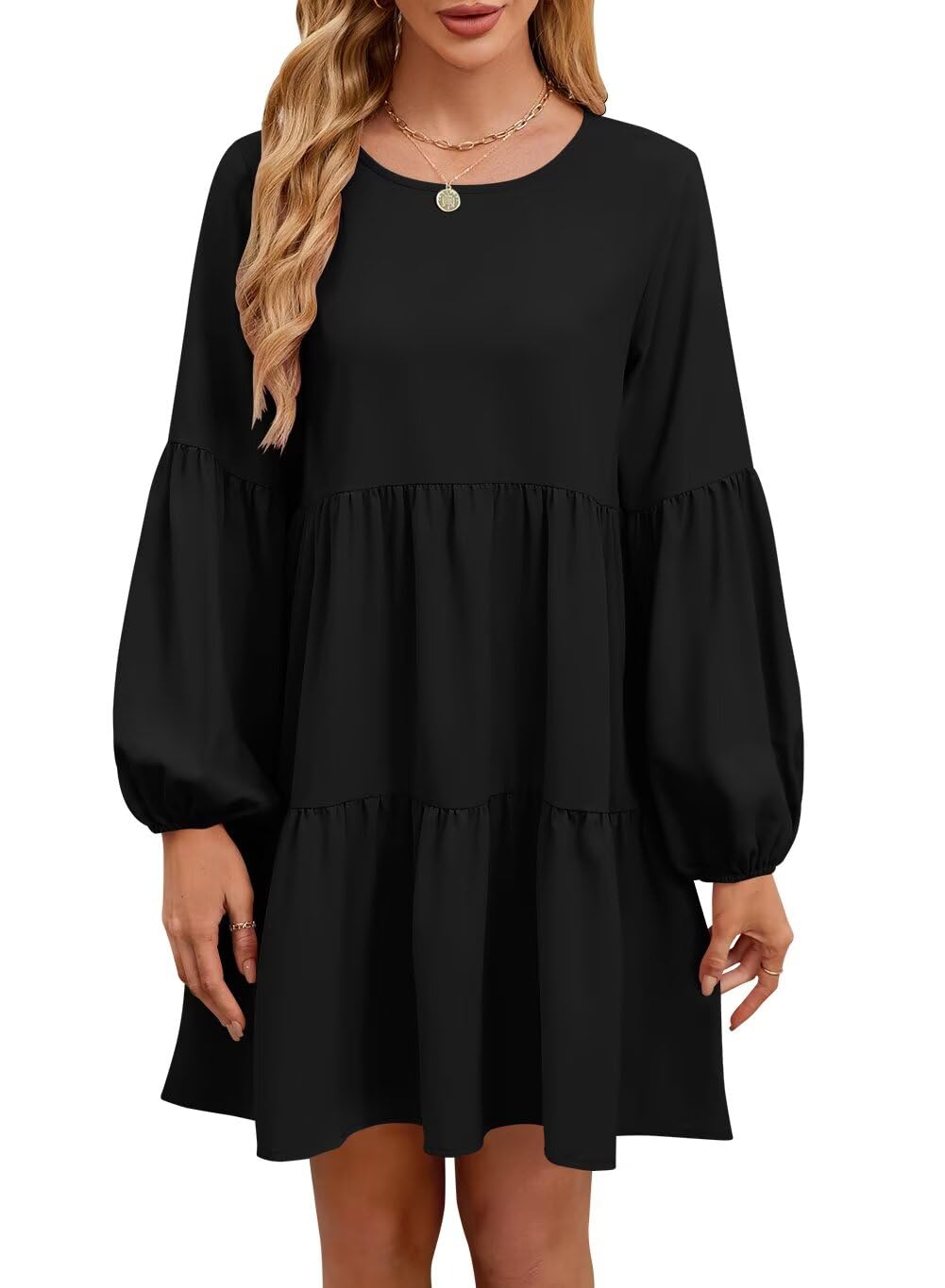 QACOHU Falll Dresses for Women 2026 Crew Neck Long Lantern Sleeve Casual Loose Flowy Swing Shift Dress