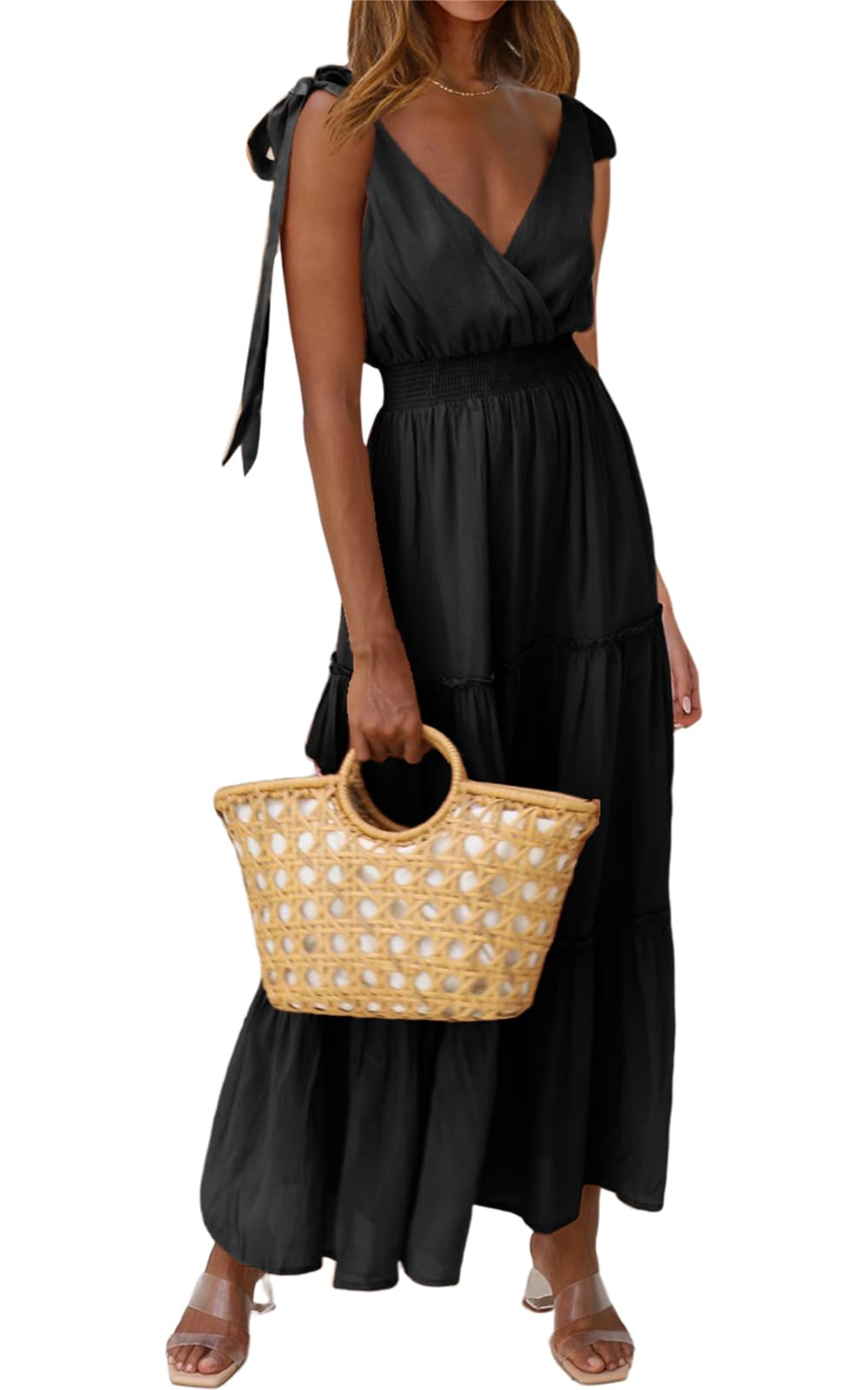 PRETTYGARDEN Women's Cross Neck Summer Sleeveless Tiered Maxi Dress Beach Tie Strap Smocked Long Dresses Pleated Sundress