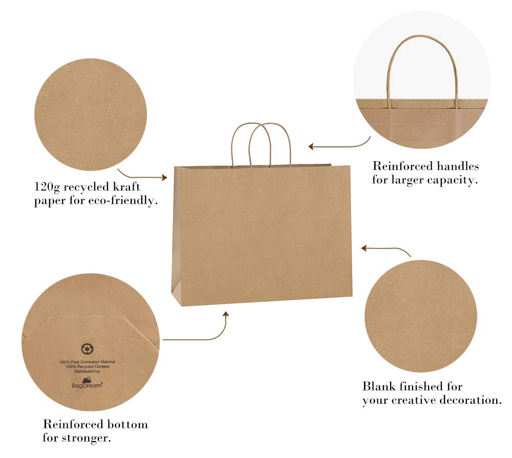 BagDream 100Pcs 16x6x12 Inches Kraft Paper Bags with Handles Bulk, Large Shopping Bags for Gifts, Grocery, Merchandise, Party Favor, Take-out, Recycled Black Black Paper Sacks