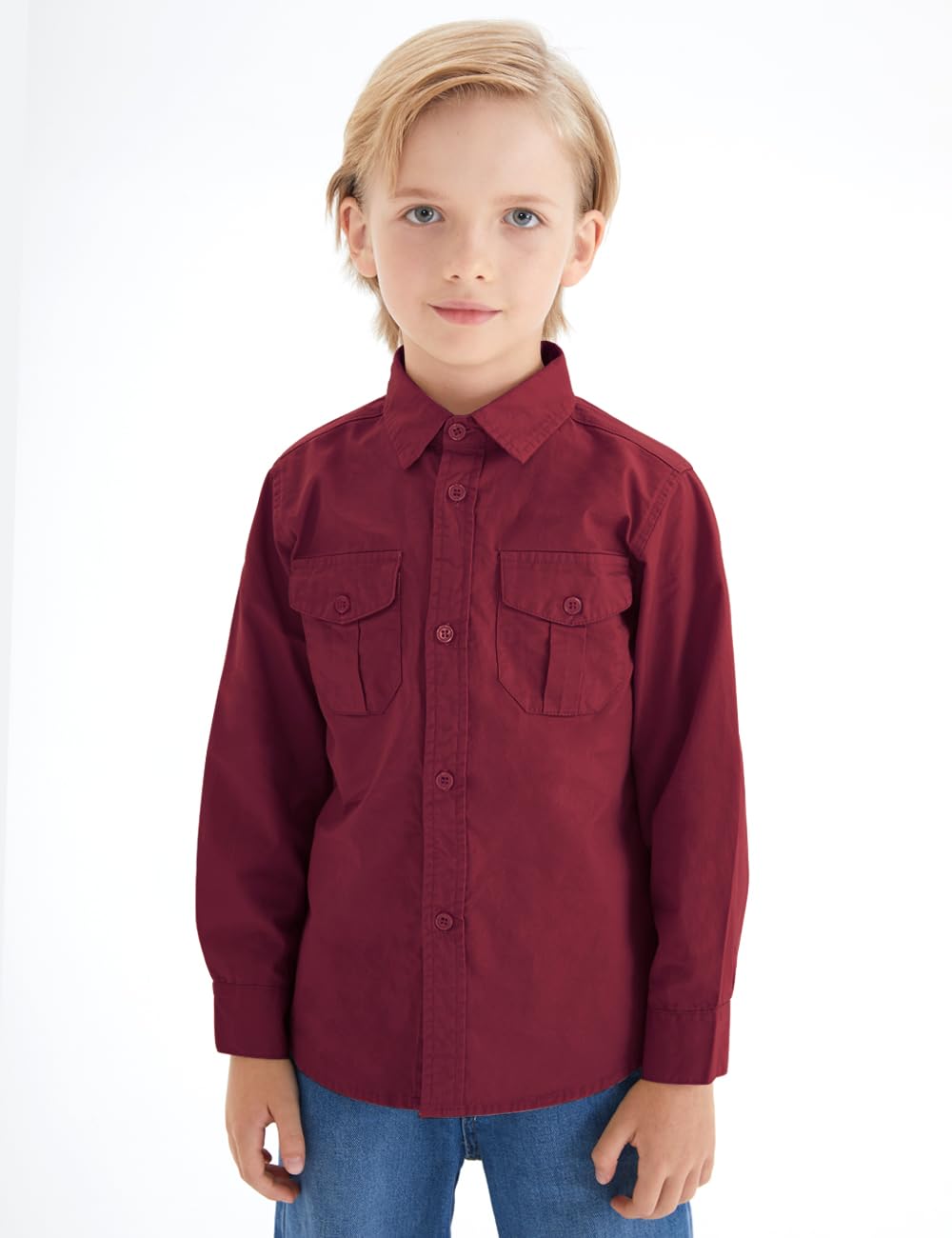 Spring&Gege Boys' Long Sleeve Button Down Shirt for Kids Woven Solid Two Pockets
