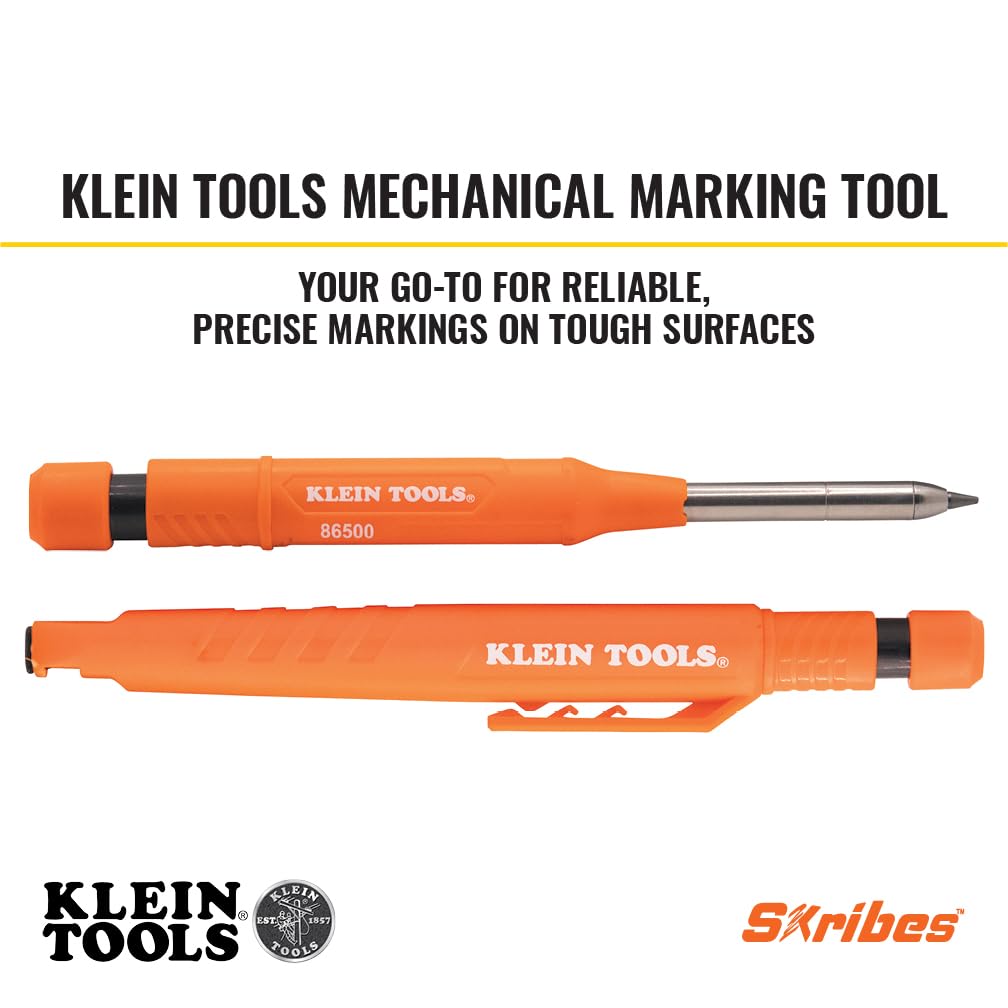Klein Tools 86501 Skribes 2.8 mm Mechanical Carpenter Pencil with Built-In Sharpener, 4 Refills, and Deep Hole Marking for Woodworking and Construction