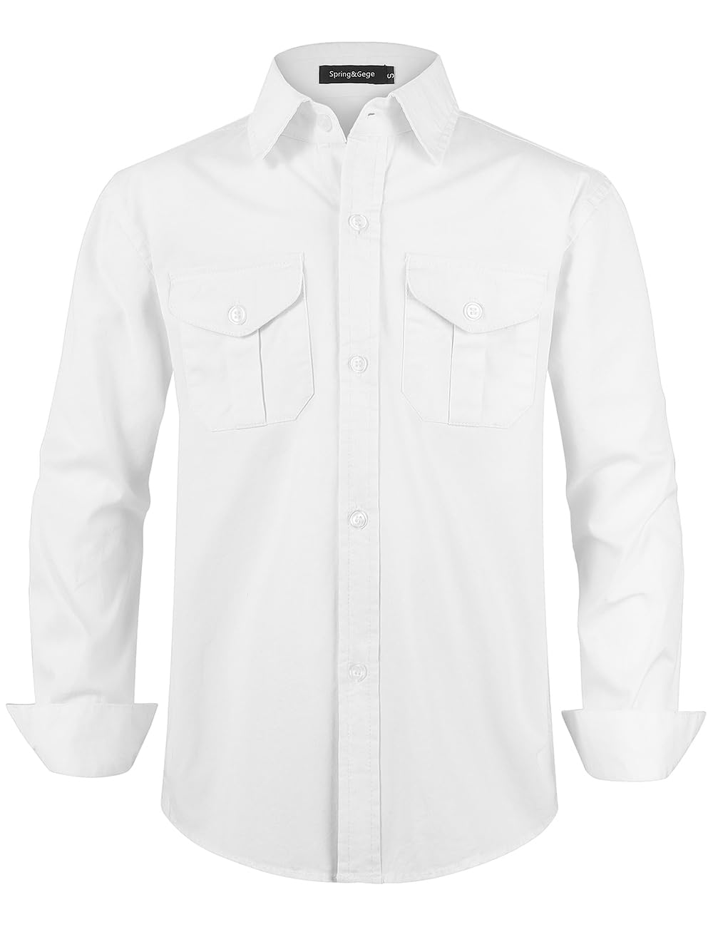 Spring&Gege Boys' Long Sleeve Button Down Shirt for Kids Woven Solid Two Pockets