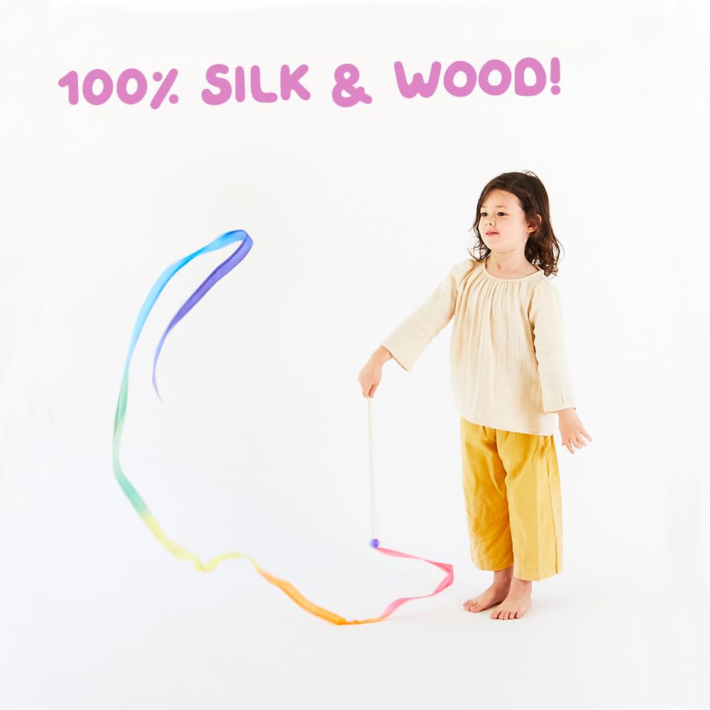 Sarah's Silks Streamer - Ribbon Wand for Kids, Pretend Play, Dance, Baton Stick Twirling, and Gymnastics Party Favors | 100% Silk and Wood Montessori and Waldorf Toys