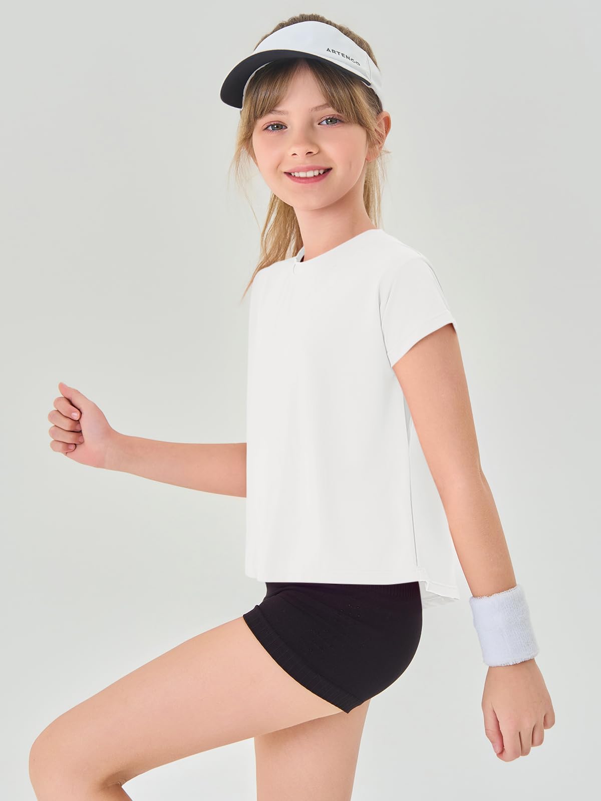 Haloumoning Girls Loose Athletic Shirts Short Sleeve Crop Tops Kids Quick Dry Gym Yoga Tees 5-14 Years