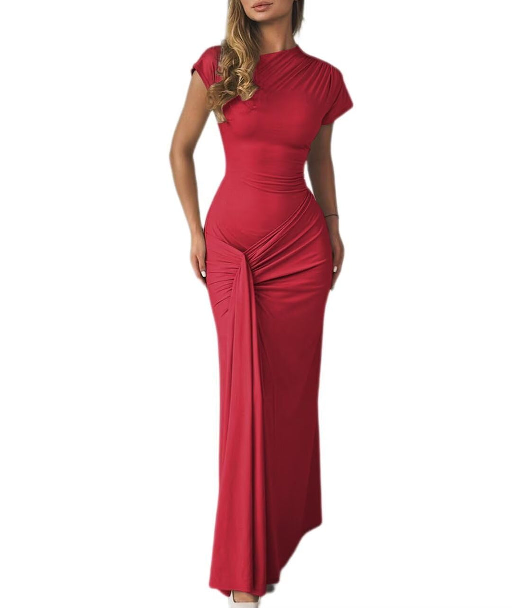 Mojessy Women Bodycon Maxi Dress Sexy Mock Neck Lace Up Bandage Ruched Short Sleeve Long Dress Cocktail Dress