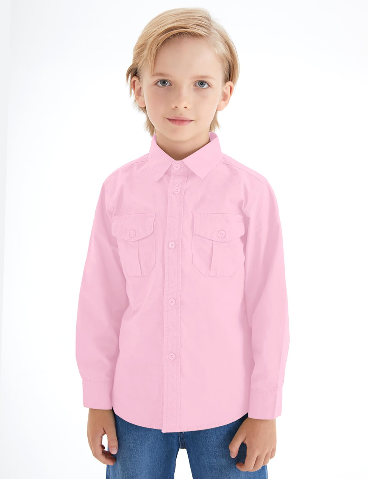 Spring&Gege Boys' Long Sleeve Button Down Shirt for Kids Woven Solid Two Pockets