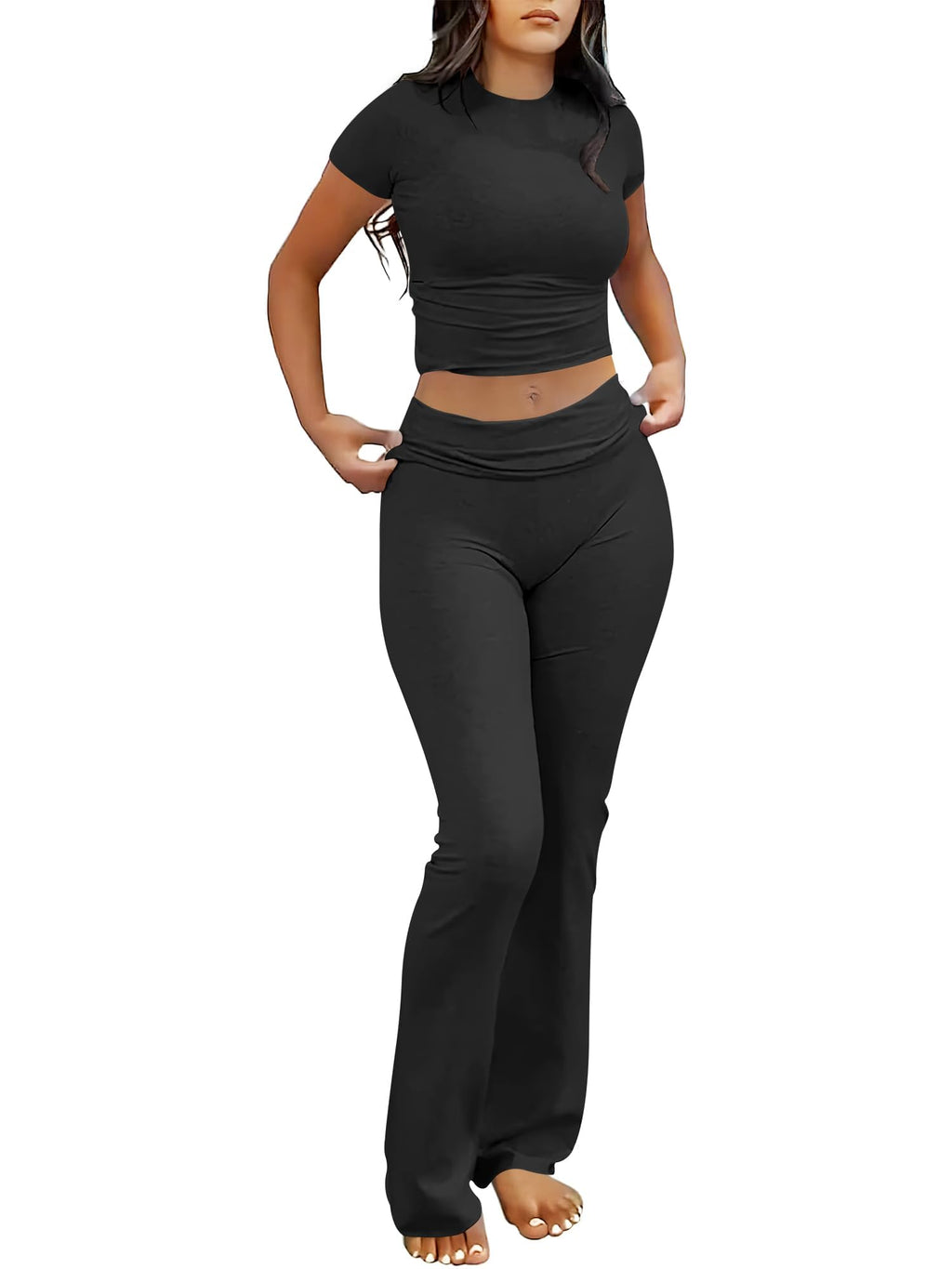 ANRABESS 2 Piece Lounge sets for Women | Soft Comfy Stretchy, Crop Top & Foldover Flare Leggings, Yoga Workout Matching Outfits, Trendy Y2k, Summer Wear Fall Layer