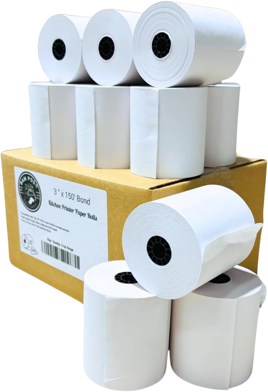 BAM POS 3" x 150' 1ply Bond (Non-Thermal) Receipt Paper Rolls for Kitchen Impact Printers TMU200, SRP275 Star SP700 - Suitable For Printing Kitchen Tickets and Order receipts (12 Rolls Per Case)