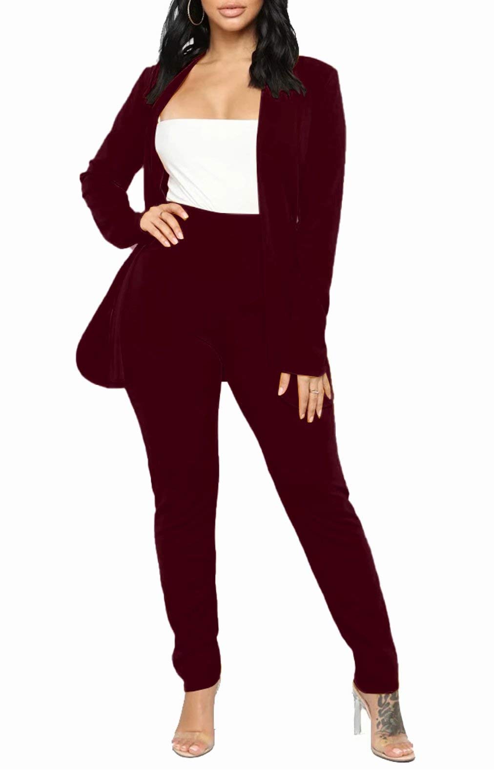 Aro Lora Women's 2 Piece Outfit Casual Solid Open Front Blazer and Pencil Pant Suits Set