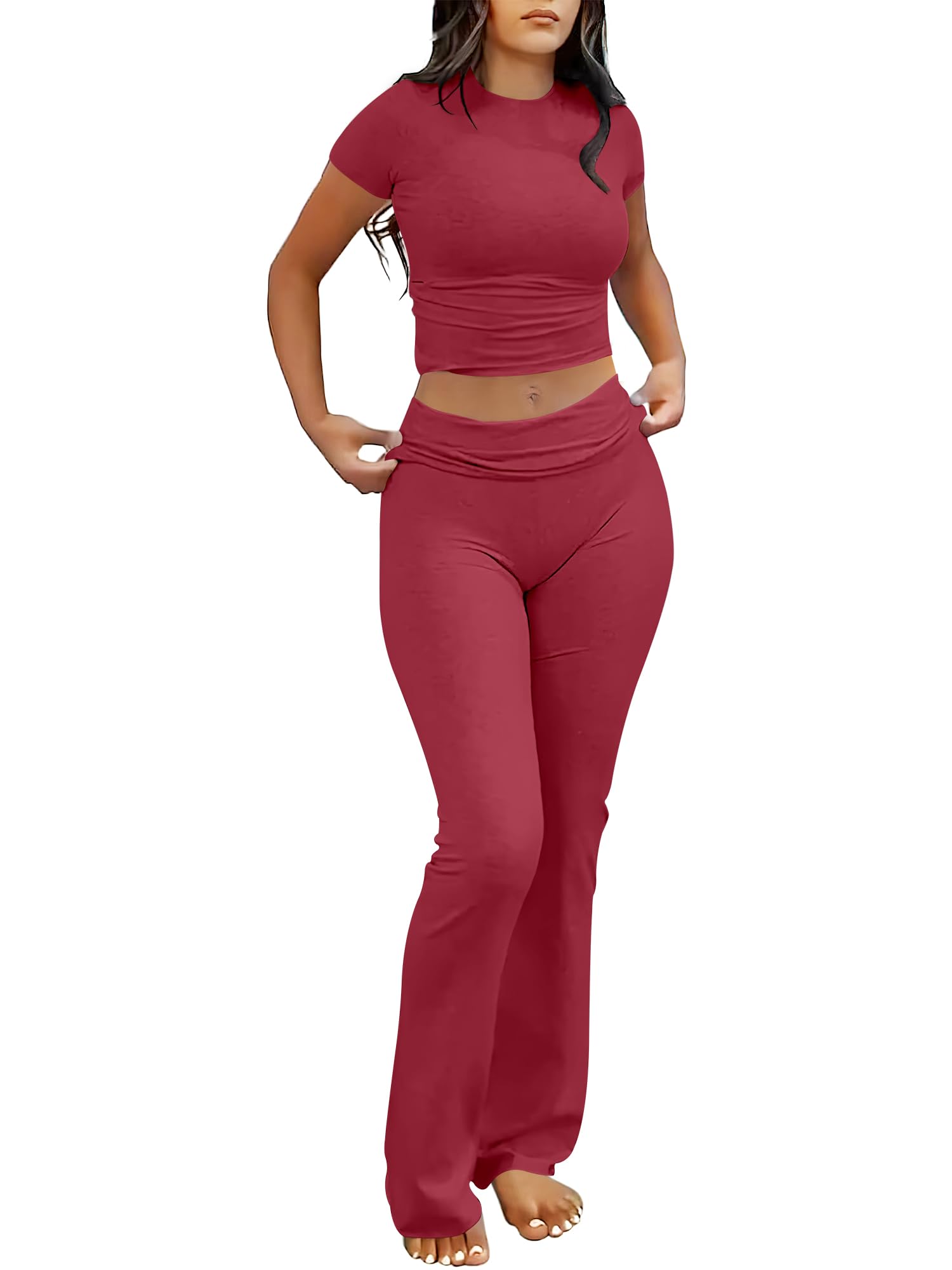 ANRABESS 2 Piece Lounge sets for Women | Soft Comfy Stretchy, Crop Top & Foldover Flare Leggings, Yoga Workout Matching Outfits, Trendy Y2k, Summer Wear Fall Layer