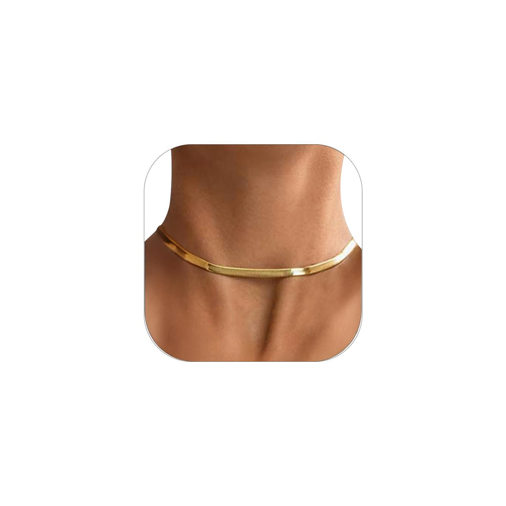 FOCALOOK 14K Gold Plated Necklaces for Women, Fashion Herringbone Choker Necklace Stainless Steel Flat Snake Chain 3/5MM(W) 12.5"/15"/18"+3.5"(L)