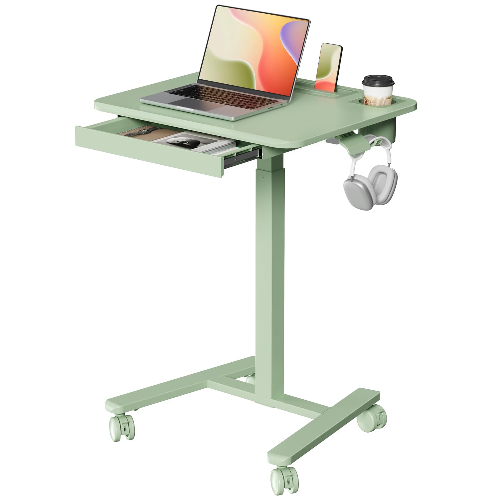 Small Mobile Standing Desk with Drawer, 23.6"x19.7" Rolling Laptop Cart on Wheels, Height Adjustable Sit Stand Computer Workstation with Storage for Compact Space, Black