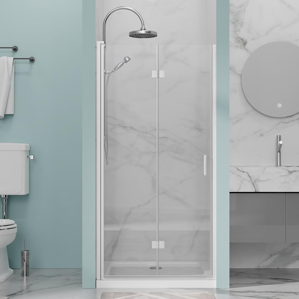 28” x 72” Pivot Shower Door, 1/4 inch Tempered Glass Panel Pivot Swing Shower Door in Matte Black Finish, Semi-Frameless Design