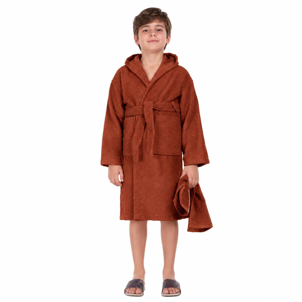 ALLEN & MATE 100% COTTON Hooded Kids Bathrobe – Soft, Medium Weight Absorbent Bath Towel Robe for Boys & Girls, 6-15 Years