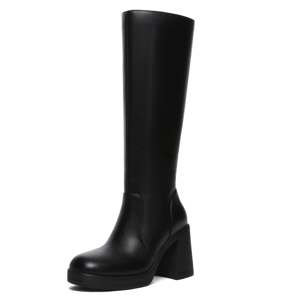 Athlefit Black Knee High Boots for Women Platform Tall Boots Fashion Square Toe Chunky Heeled Booties