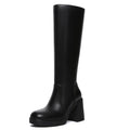 Athlefit Black Knee High Boots for Women Platform Tall Boots Fashion Square Toe Chunky Heeled Booties