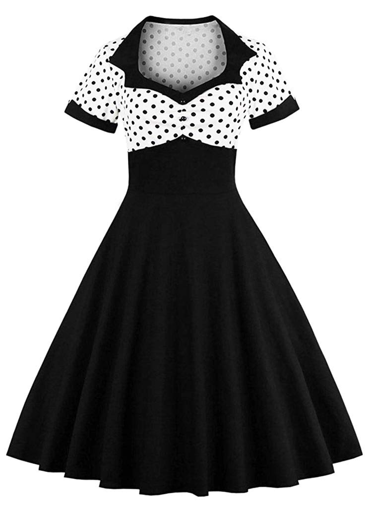 Nihsatin Vintage 1950s Retro Rockabilly Swing Dress Polka Dots Cocktail Dress with Belt