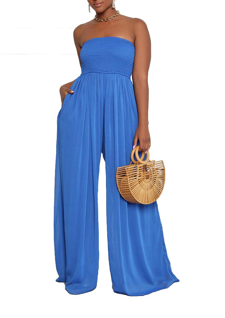Ophestin Women's Strapless Tube Wide Leg Jumpsuits Smocked Women Jumpsuits Dressy Casual Flowy One Piece Jumpsuits Rompers